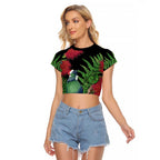 New Zealand Tui Bird Christmas Raglan Cropped T Shirt Maori Fern Mix Pohotukawa