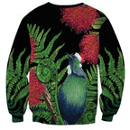 New Zealand Tui Bird Christmas Sweatshirt Maori Fern Mix Pohotukawa