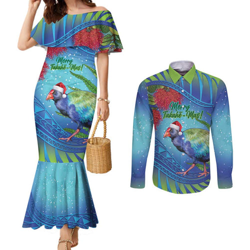 New Zealand Takahe Christmas Couples Matching Mermaid Dress and Long Sleeve Button Shirt Maori Fern Mix Pohotukawa