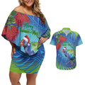New Zealand Takahe Christmas Couples Matching Off Shoulder Short Dress and Hawaiian Shirt Maori Fern Mix Pohotukawa
