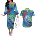 New Zealand Takahe Christmas Couples Matching Off The Shoulder Long Sleeve Dress and Hawaiian Shirt Maori Fern Mix Pohotukawa