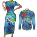 New Zealand Takahe Christmas Couples Matching Short Sleeve Bodycon Dress and Long Sleeve Button Shirt Maori Fern Mix Pohotukawa