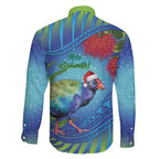 New Zealand Takahe Christmas Family Matching Long Sleeve Bodycon Dress and Hawaiian Shirt Maori Fern Mix Pohotukawa