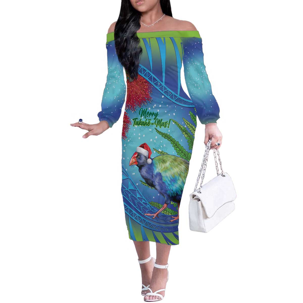 New Zealand Takahe Christmas Family Matching Off The Shoulder Long Sleeve Dress and Hawaiian Shirt Maori Fern Mix Pohotukawa