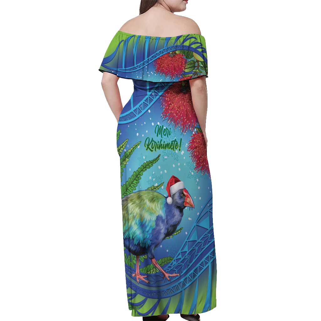 New Zealand Takahe Christmas Off Shoulder Maxi Dress Maori Fern Mix Pohotukawa