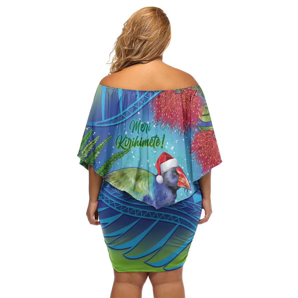 New Zealand Takahe Christmas Off Shoulder Short Dress Maori Fern Mix Pohotukawa