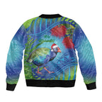 New Zealand Takahe Christmas Sleeve Zip Bomber Jacket Maori Fern Mix Pohotukawa