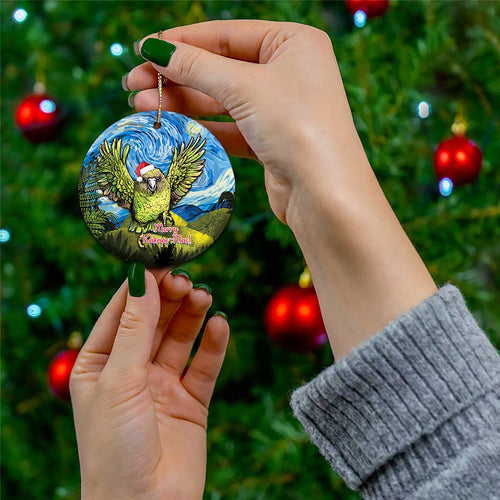 Personalised Jumping Kakapo Christmas Ceramic Ornament New Zealand Fern - Starry Night Style