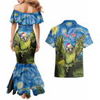 Personalised Jumping Kakapo Christmas Couples Matching Mermaid Dress and Hawaiian Shirt New Zealand Fern - Starry Night Style