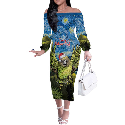 Personalised Jumping Kakapo Christmas Family Matching Off The Shoulder Long Sleeve Dress and Hawaiian Shirt New Zealand Fern - Starry Night Style