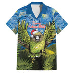 Personalised Jumping Kakapo Christmas Family Matching Off Shoulder Short Dress and Hawaiian Shirt New Zealand Fern - Starry Night Style