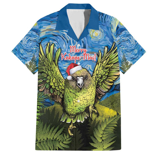 Personalised Jumping Kakapo Christmas Family Matching Off Shoulder Short Dress and Hawaiian Shirt New Zealand Fern - Starry Night Style