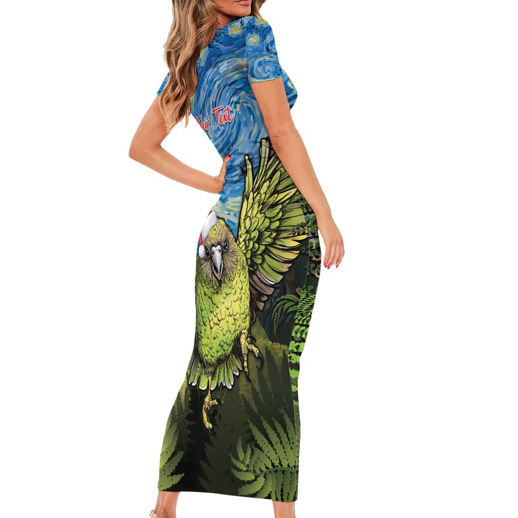 Personalised Jumping Kakapo Christmas Family Matching Short Sleeve Bodycon Dress and Hawaiian Shirt New Zealand Fern - Starry Night Style