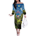Personalised Jumping Kakapo Christmas Off The Shoulder Long Sleeve Dress New Zealand Fern - Starry Night Style