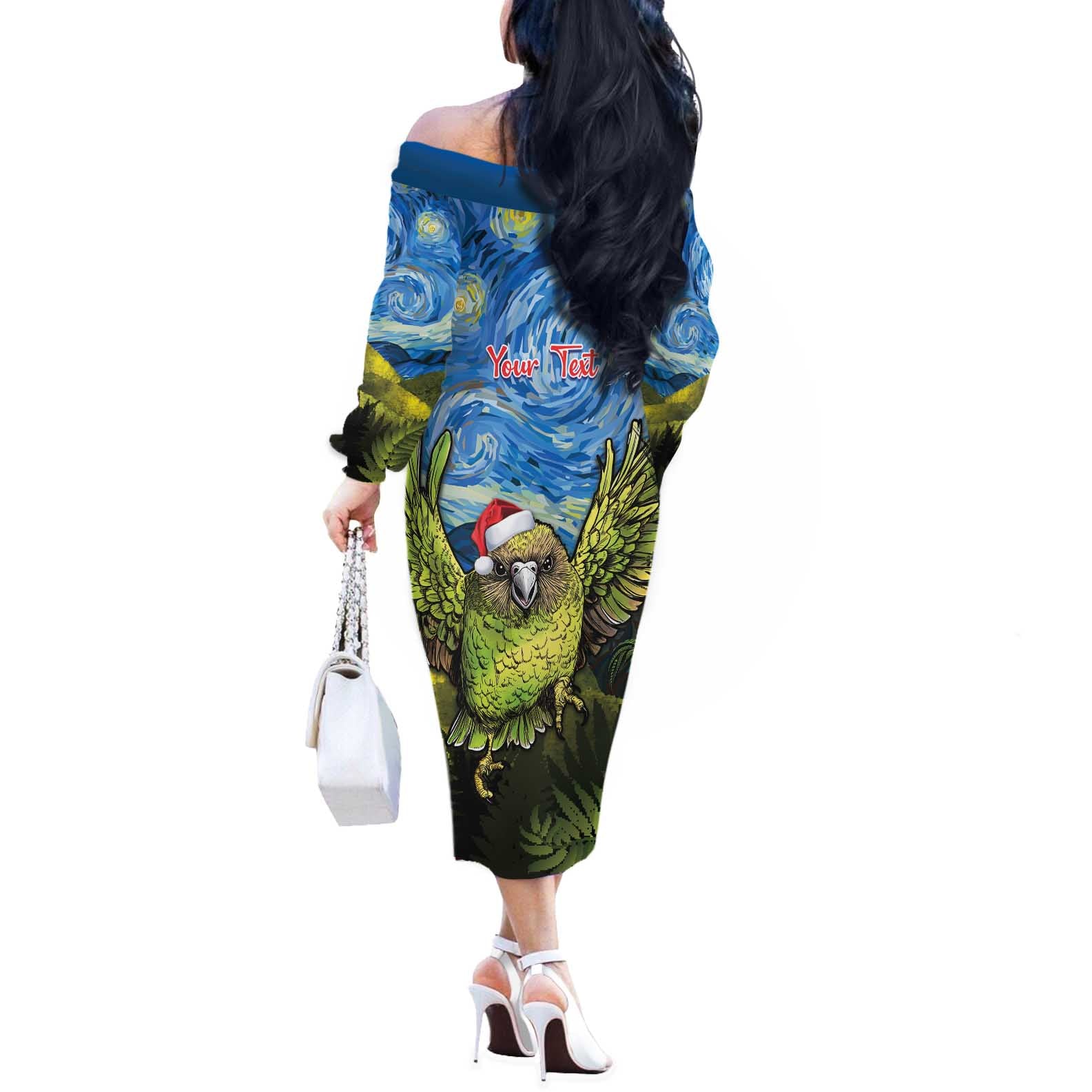 Personalised Jumping Kakapo Christmas Off The Shoulder Long Sleeve Dress New Zealand Fern - Starry Night Style