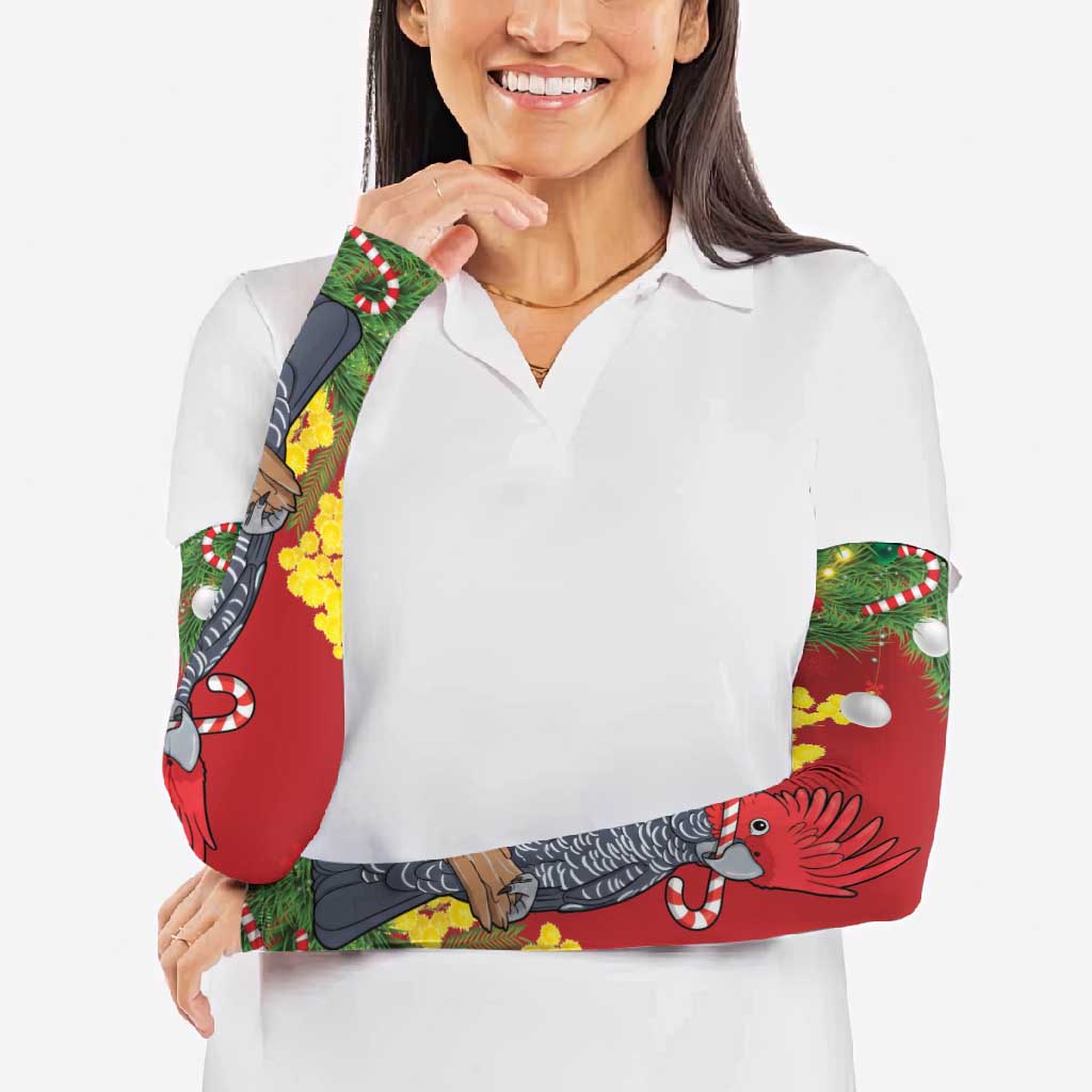 Australia Gang-gang Cockatoo Christmas Arm Sleeves Callocephalon Fimbriatum Golden Wattle Red - Aussie Hoodie