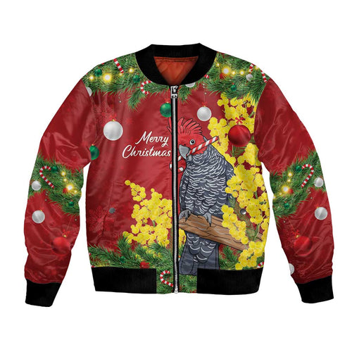 Australia Gang-gang Cockatoo Christmas Bomber Jacket Callocephalon Fimbriatum Golden Wattle Red - Aussie Hoodie