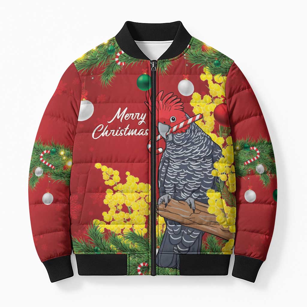 Australia Gang-gang Cockatoo Christmas Bomber Puffer Jacket Callocephalon Fimbriatum Golden Wattle Red - Aussie Hoodie