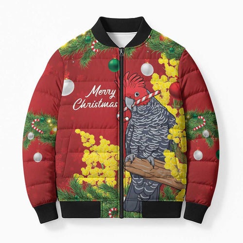 Australia Gang-gang Cockatoo Christmas Bomber Puffer Jacket Callocephalon Fimbriatum Golden Wattle Red - Aussie Hoodie
