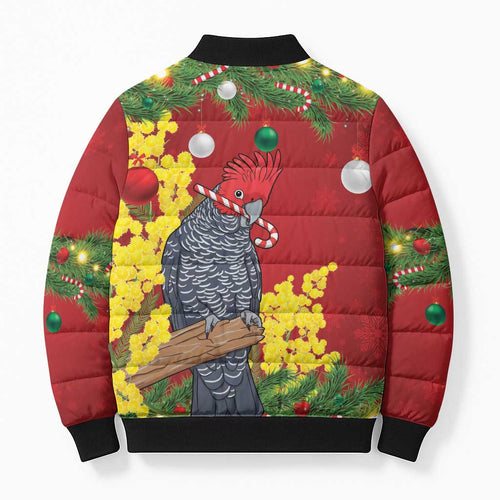 Australia Gang-gang Cockatoo Christmas Bomber Puffer Jacket Callocephalon Fimbriatum Golden Wattle Red - Aussie Hoodie
