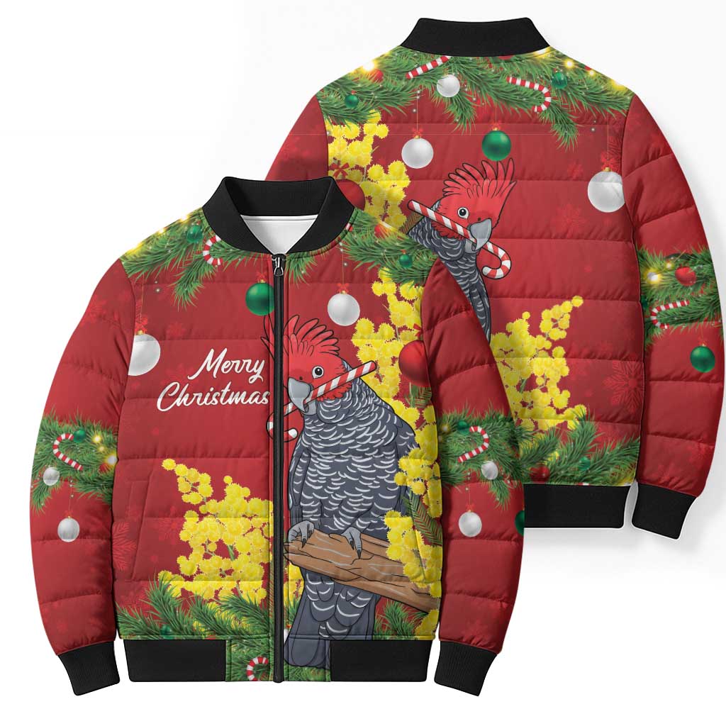 Australia Gang-gang Cockatoo Christmas Bomber Puffer Jacket Callocephalon Fimbriatum Golden Wattle Red - Aussie Hoodie