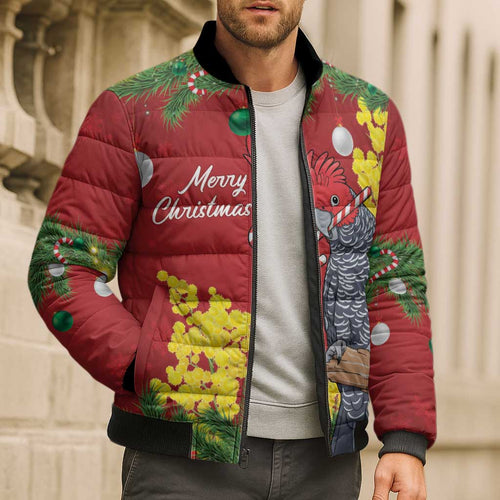 Australia Gang-gang Cockatoo Christmas Bomber Puffer Jacket Callocephalon Fimbriatum Golden Wattle Red - Aussie Hoodie