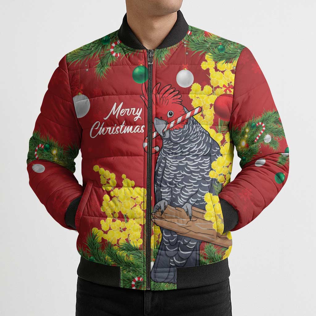 Australia Gang-gang Cockatoo Christmas Bomber Puffer Jacket Callocephalon Fimbriatum Golden Wattle Red - Aussie Hoodie