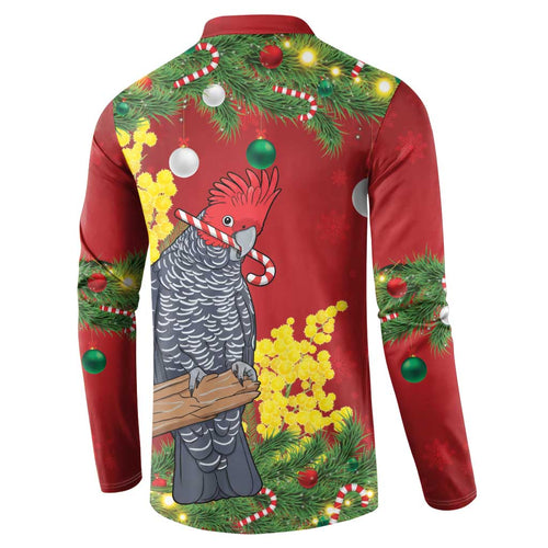 Australia Gang-gang Cockatoo Christmas Button Sweatshirt Callocephalon Fimbriatum Golden Wattle Red - Aussie Hoodie