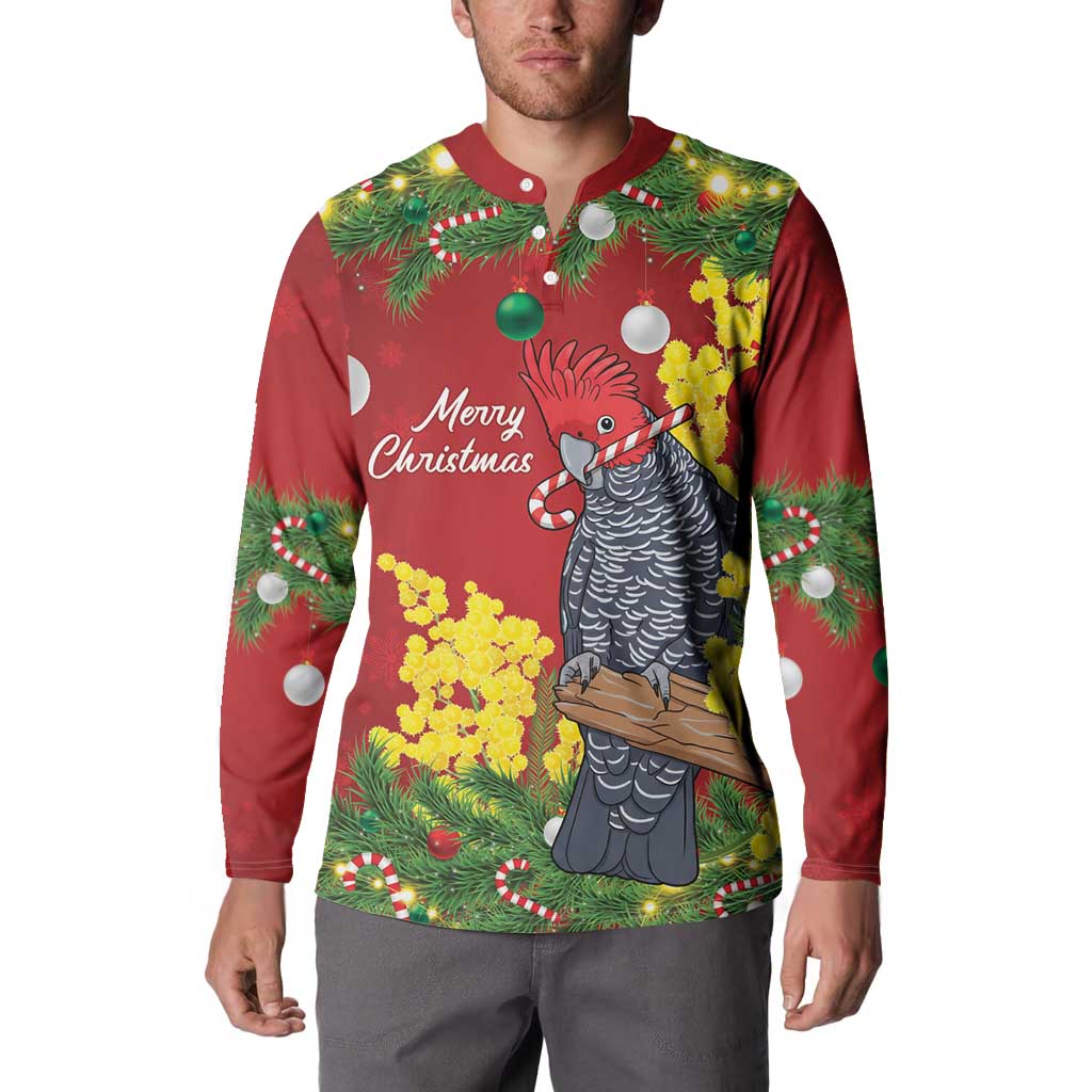 Australia Gang-gang Cockatoo Christmas Button Sweatshirt Callocephalon Fimbriatum Golden Wattle Red - Aussie Hoodie