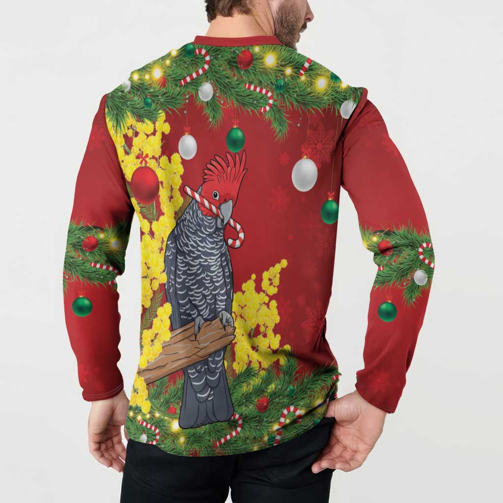 Australia Gang-gang Cockatoo Christmas Button Sweatshirt Callocephalon Fimbriatum Golden Wattle Red - Aussie Hoodie