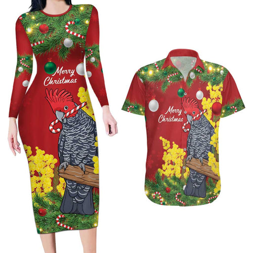 Australia Gang-gang Cockatoo Christmas Couples Matching Long Sleeve Bodycon Dress and Hawaiian Shirt Callocephalon Fimbriatum Golden Wattle Red - Aussie Hoodie