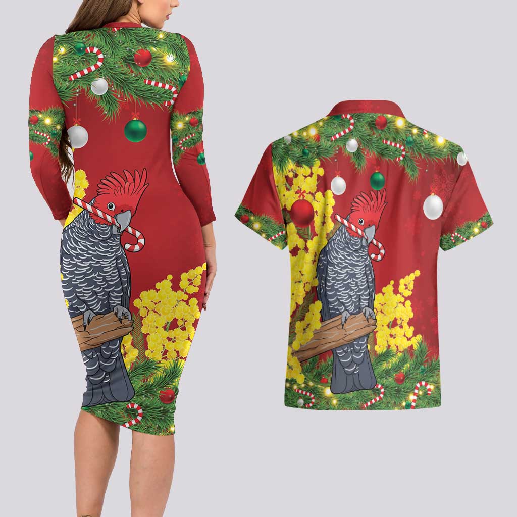 Australia Gang-gang Cockatoo Christmas Couples Matching Long Sleeve Bodycon Dress and Hawaiian Shirt Callocephalon Fimbriatum Golden Wattle Red - Aussie Hoodie