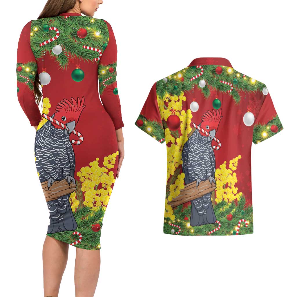 Australia Gang-gang Cockatoo Christmas Couples Matching Long Sleeve Bodycon Dress and Hawaiian Shirt Callocephalon Fimbriatum Golden Wattle Red - Aussie Hoodie