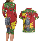 Australia Gang-gang Cockatoo Christmas Couples Matching Long Sleeve Bodycon Dress and Hawaiian Shirt Callocephalon Fimbriatum Golden Wattle Red - Aussie Hoodie