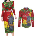 Australia Gang-gang Cockatoo Christmas Couples Matching Long Sleeve Bodycon Dress and Long Sleeve Button Shirt Callocephalon Fimbriatum Golden Wattle Red - Aussie Hoodie