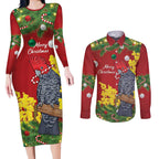 Australia Gang-gang Cockatoo Christmas Couples Matching Long Sleeve Bodycon Dress and Long Sleeve Button Shirt Callocephalon Fimbriatum Golden Wattle Red - Aussie Hoodie