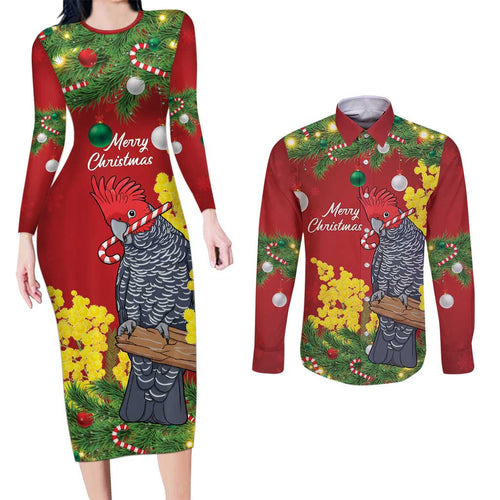Australia Gang-gang Cockatoo Christmas Couples Matching Long Sleeve Bodycon Dress and Long Sleeve Button Shirt Callocephalon Fimbriatum Golden Wattle Red - Aussie Hoodie