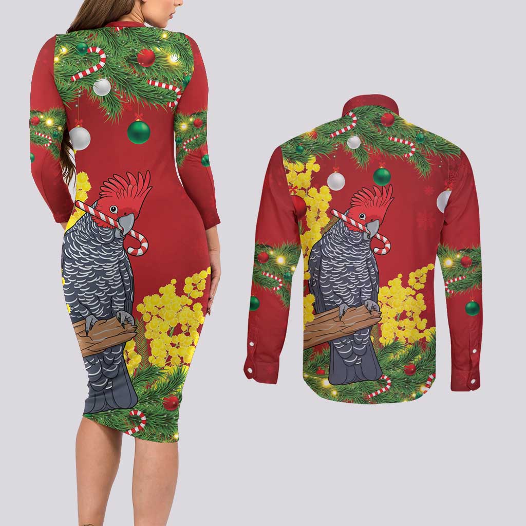 Australia Gang-gang Cockatoo Christmas Couples Matching Long Sleeve Bodycon Dress and Long Sleeve Button Shirt Callocephalon Fimbriatum Golden Wattle Red - Aussie Hoodie