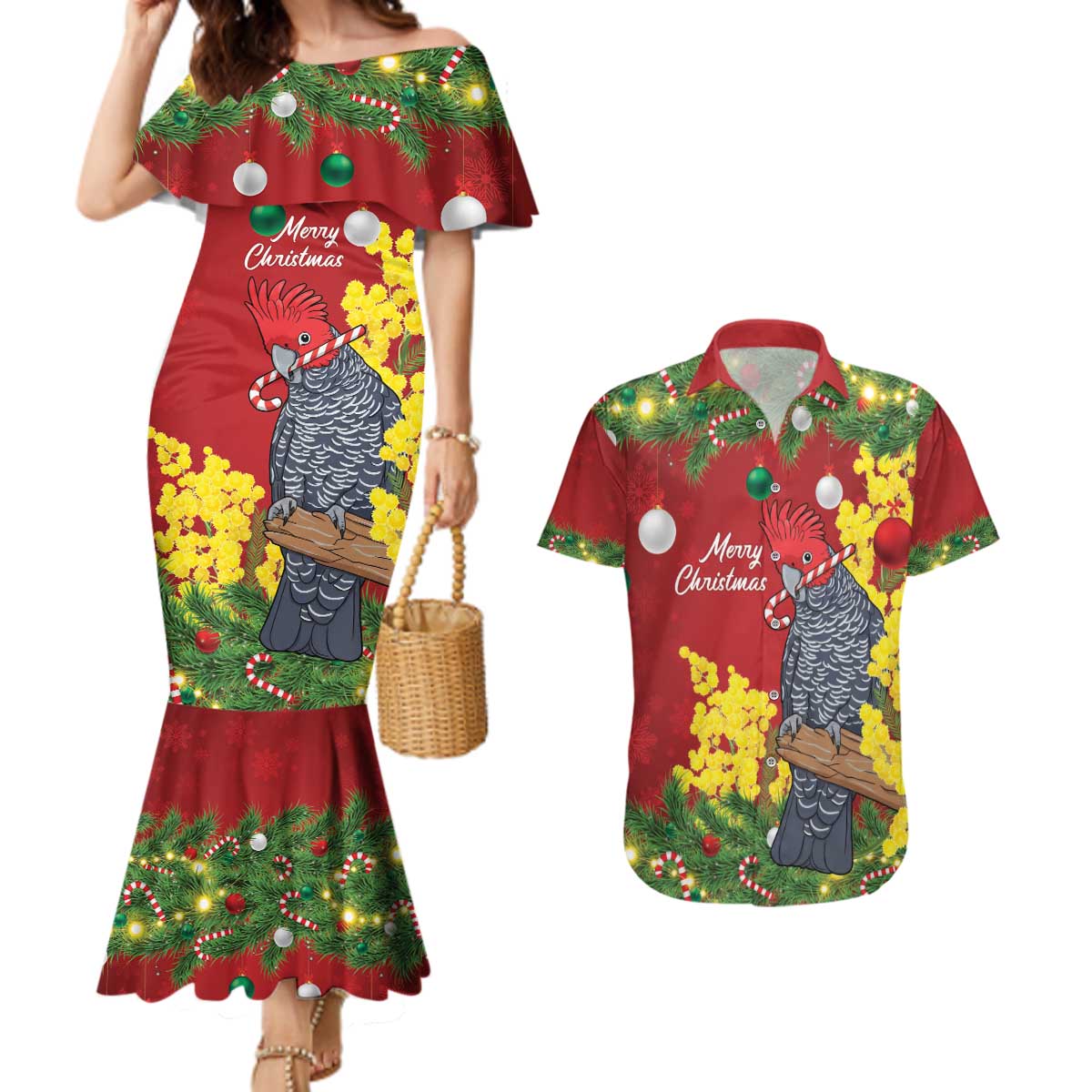 Australia Gang-gang Cockatoo Christmas Couples Matching Mermaid Dress and Hawaiian Shirt Callocephalon Fimbriatum Golden Wattle Red - Aussie Hoodie
