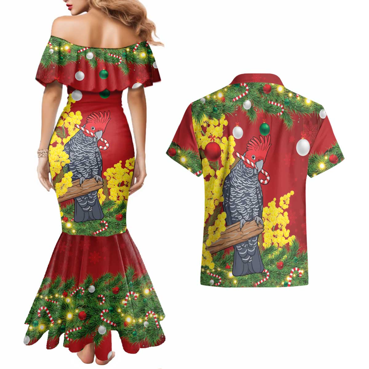 Australia Gang-gang Cockatoo Christmas Couples Matching Mermaid Dress and Hawaiian Shirt Callocephalon Fimbriatum Golden Wattle Red - Aussie Hoodie
