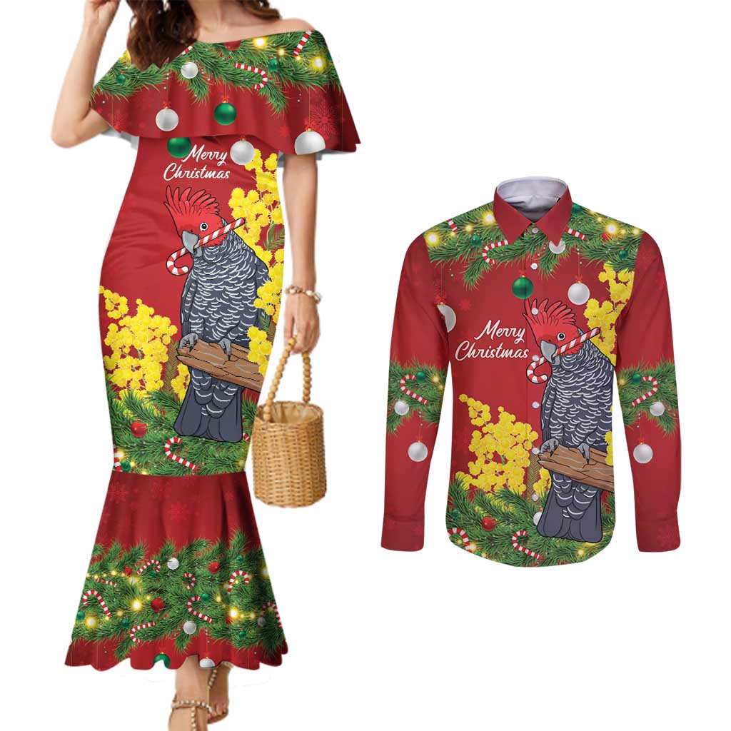 Australia Gang-gang Cockatoo Christmas Couples Matching Mermaid Dress and Long Sleeve Button Shirt Callocephalon Fimbriatum Golden Wattle Red - Aussie Hoodie