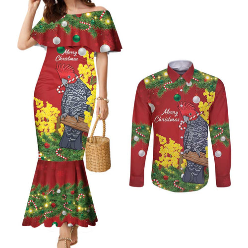 Australia Gang-gang Cockatoo Christmas Couples Matching Mermaid Dress and Long Sleeve Button Shirt Callocephalon Fimbriatum Golden Wattle Red - Aussie Hoodie