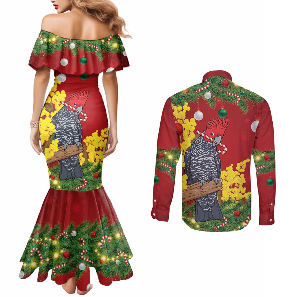 Australia Gang-gang Cockatoo Christmas Couples Matching Mermaid Dress and Long Sleeve Button Shirt Callocephalon Fimbriatum Golden Wattle Red - Aussie Hoodie