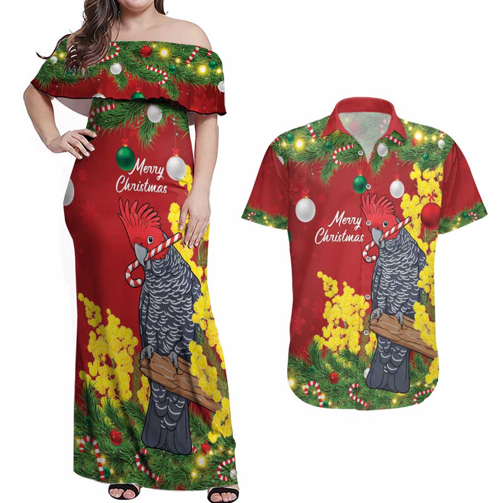 Australia Gang-gang Cockatoo Christmas Couples Matching Off Shoulder Maxi Dress and Hawaiian Shirt Callocephalon Fimbriatum Golden Wattle Red - Aussie Hoodie