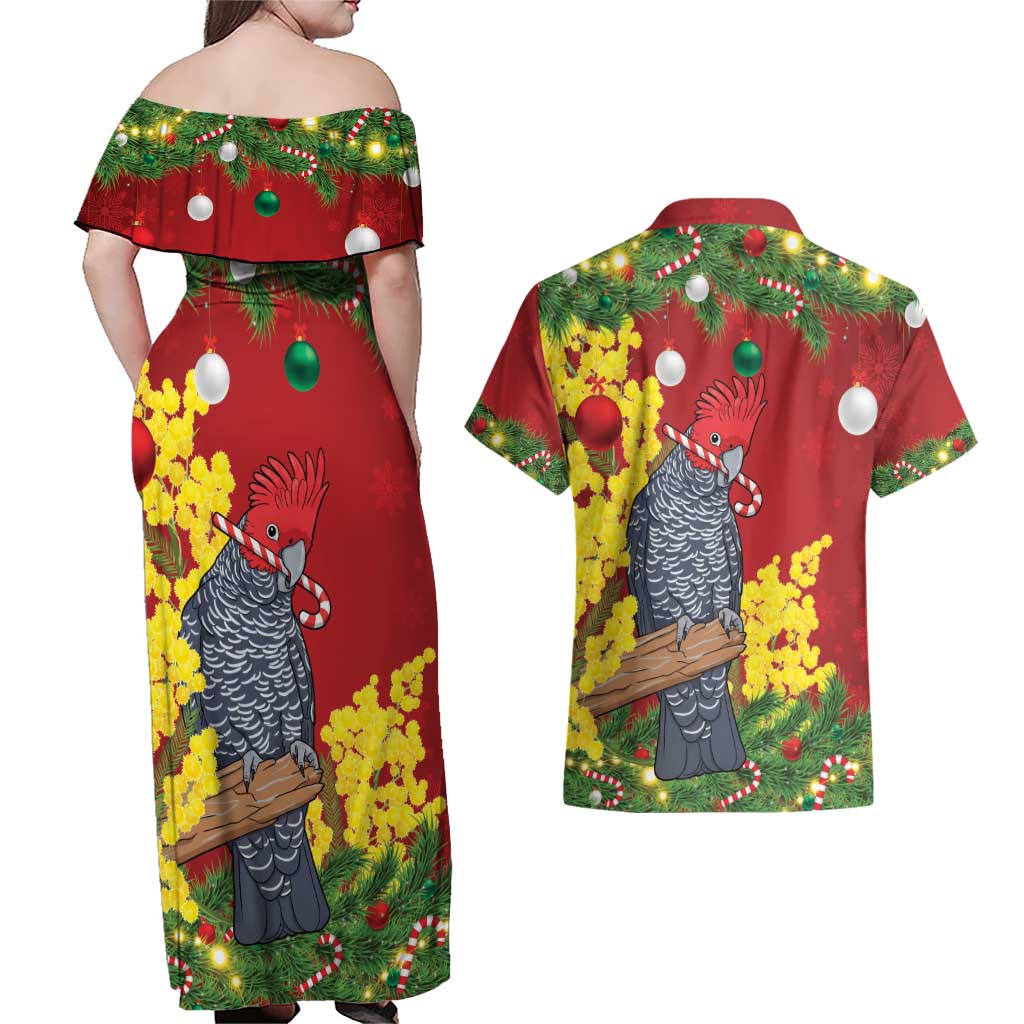 Australia Gang-gang Cockatoo Christmas Couples Matching Off Shoulder Maxi Dress and Hawaiian Shirt Callocephalon Fimbriatum Golden Wattle Red - Aussie Hoodie