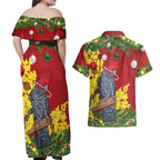 Australia Gang-gang Cockatoo Christmas Couples Matching Off Shoulder Maxi Dress and Hawaiian Shirt Callocephalon Fimbriatum Golden Wattle Red - Aussie Hoodie
