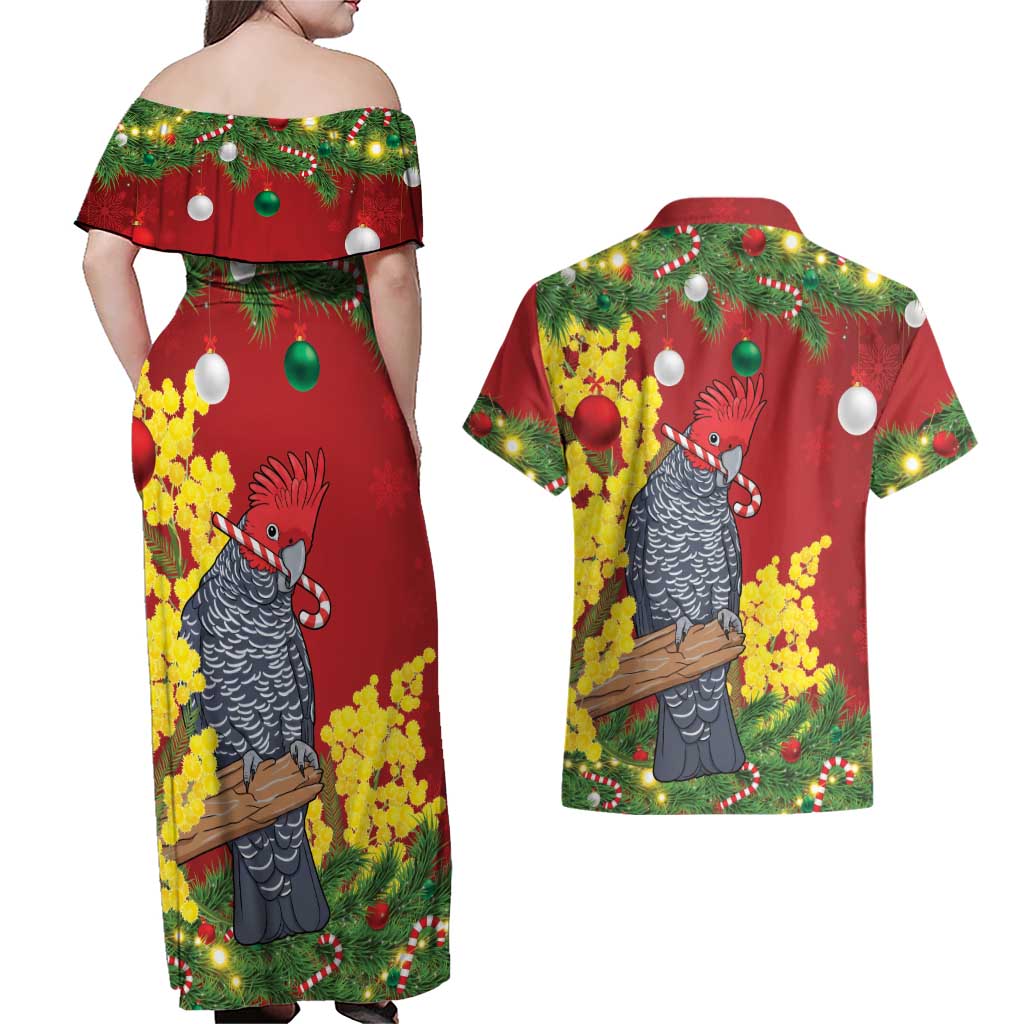 Australia Gang-gang Cockatoo Christmas Couples Matching Off Shoulder Maxi Dress and Hawaiian Shirt Callocephalon Fimbriatum Golden Wattle Red - Aussie Hoodie