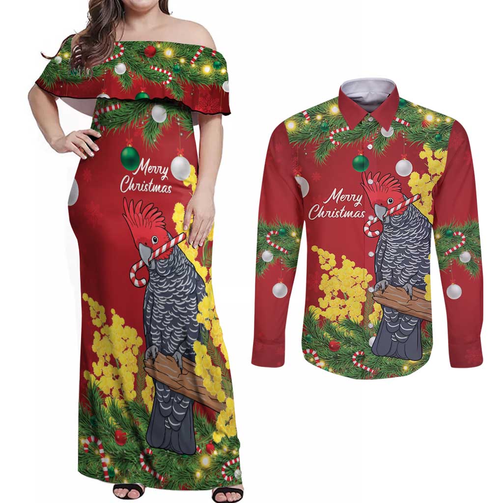 Australia Gang-gang Cockatoo Christmas Couples Matching Off Shoulder Maxi Dress and Long Sleeve Button Shirt Callocephalon Fimbriatum Golden Wattle Red - Aussie Hoodie
