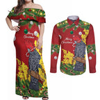 Australia Gang-gang Cockatoo Christmas Couples Matching Off Shoulder Maxi Dress and Long Sleeve Button Shirt Callocephalon Fimbriatum Golden Wattle Red - Aussie Hoodie