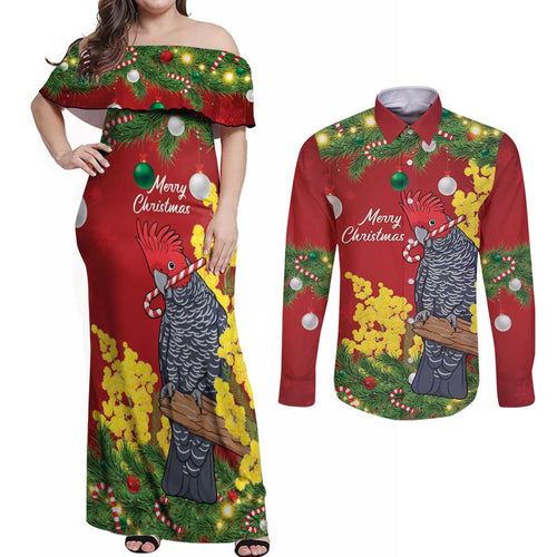Australia Gang-gang Cockatoo Christmas Couples Matching Off Shoulder Maxi Dress and Long Sleeve Button Shirt Callocephalon Fimbriatum Golden Wattle Red - Aussie Hoodie